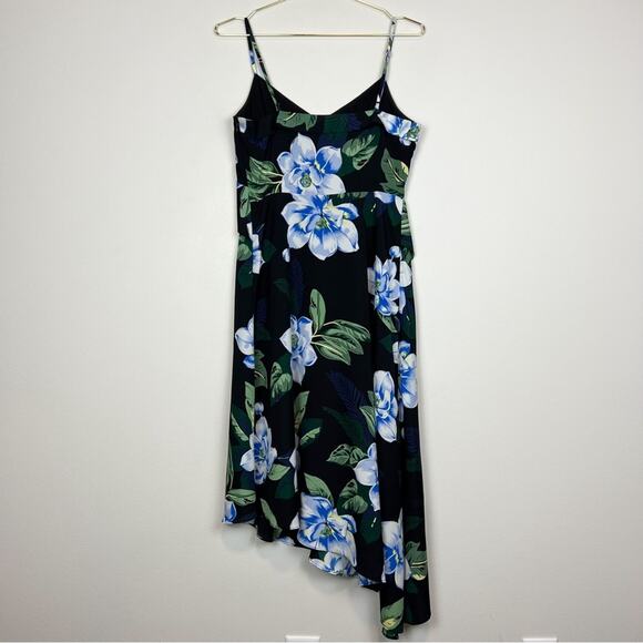 Banana Republic Black‎ Blue Floral Asymmetrical Faux Wrap Midi Dress Size 2 - Picture 7 of 9